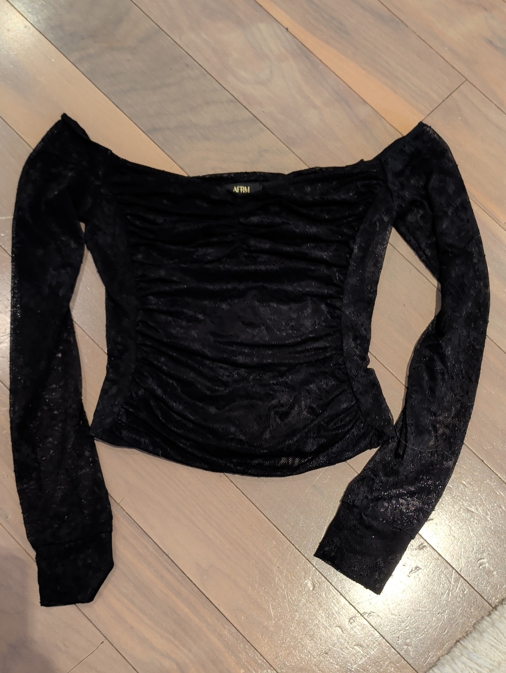 AFRM Black Lace Off-Shoulder Long Sleeve Ruched Top